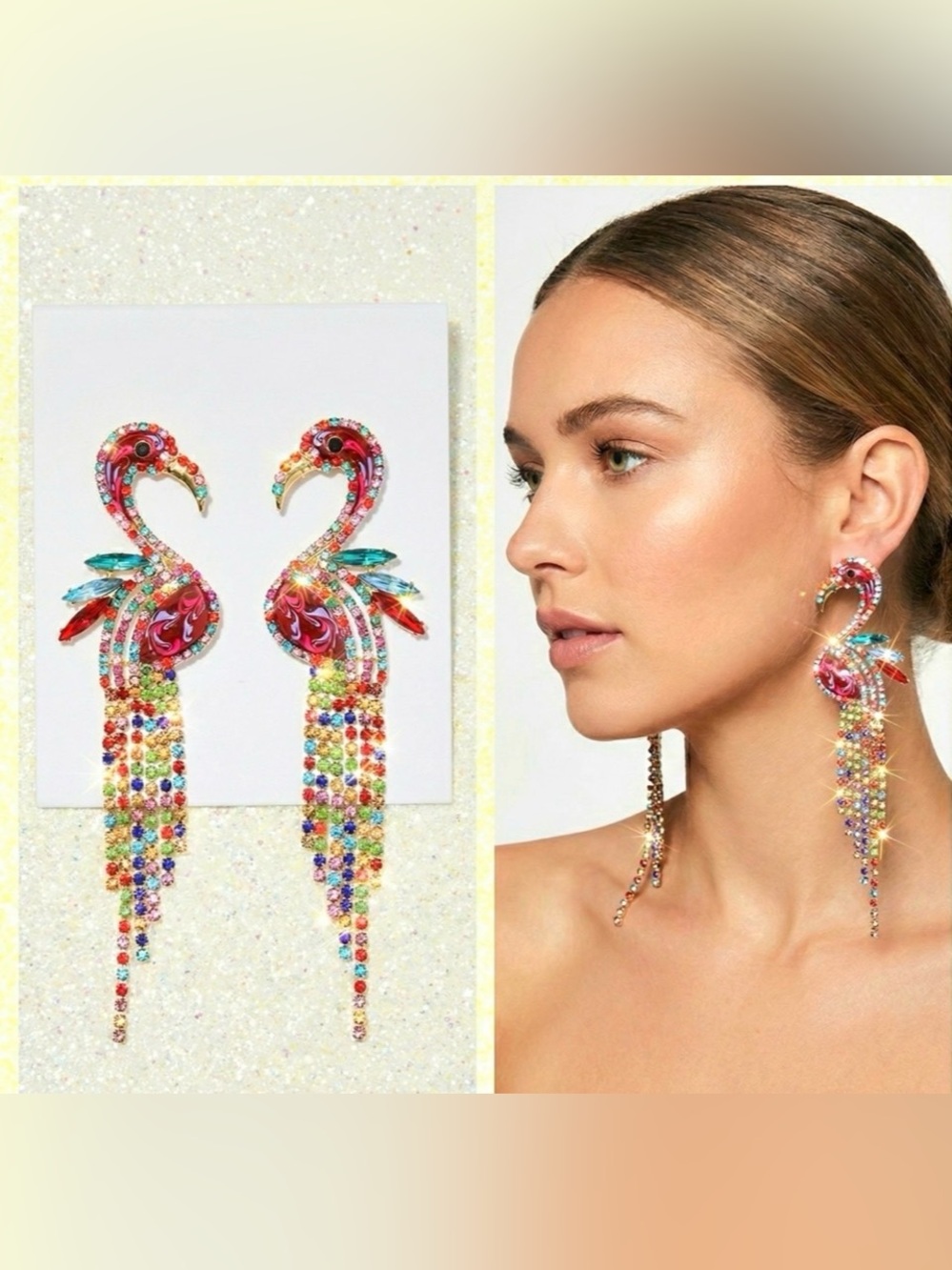 New Natasha Colorful Flamingo Drop Earrings - Red Multi-Color Crystal Fringe - Picture 3 of 14